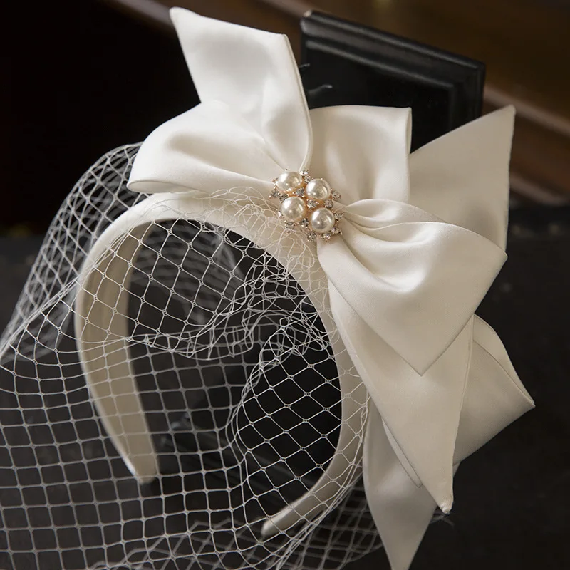 New White bridal hairband Mesh Satin Bow Headband Vintage Fairy Bridal Wedding hair Accessory