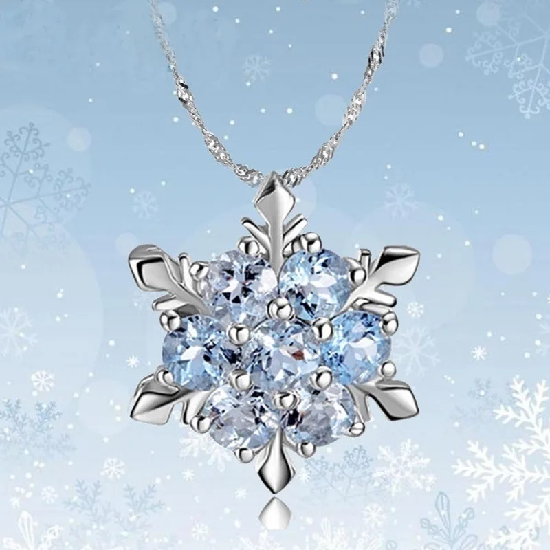 Romantic Elegant Blue Crystal Snowflake Frozen Flower Silver Pendants Necklace