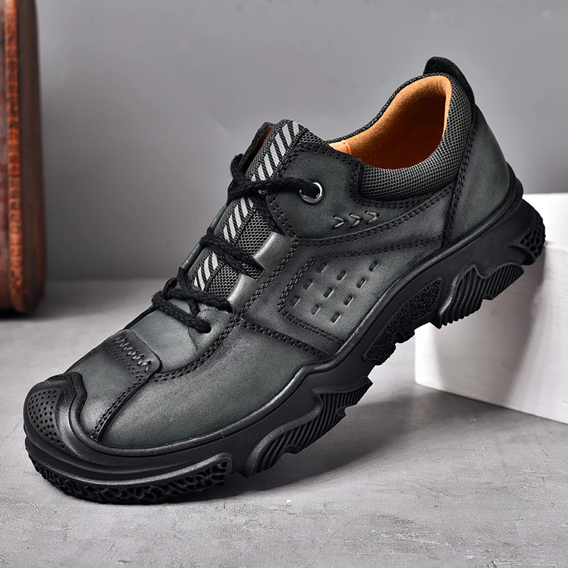 New Genuine Leather Men Hiking Shoes Fashion Outdoor Low Top Casual Boots Men Walking Footwear Anti-Collision Toe Safety Shoes