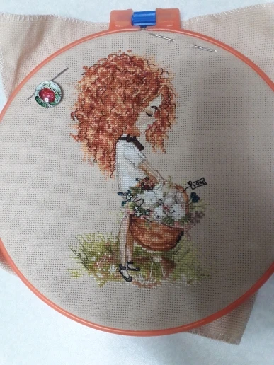 Curly girl with basket cross stitch kit Animal 18ct 14ct 11ct linen flaxen canvas stitching embroidery DIY