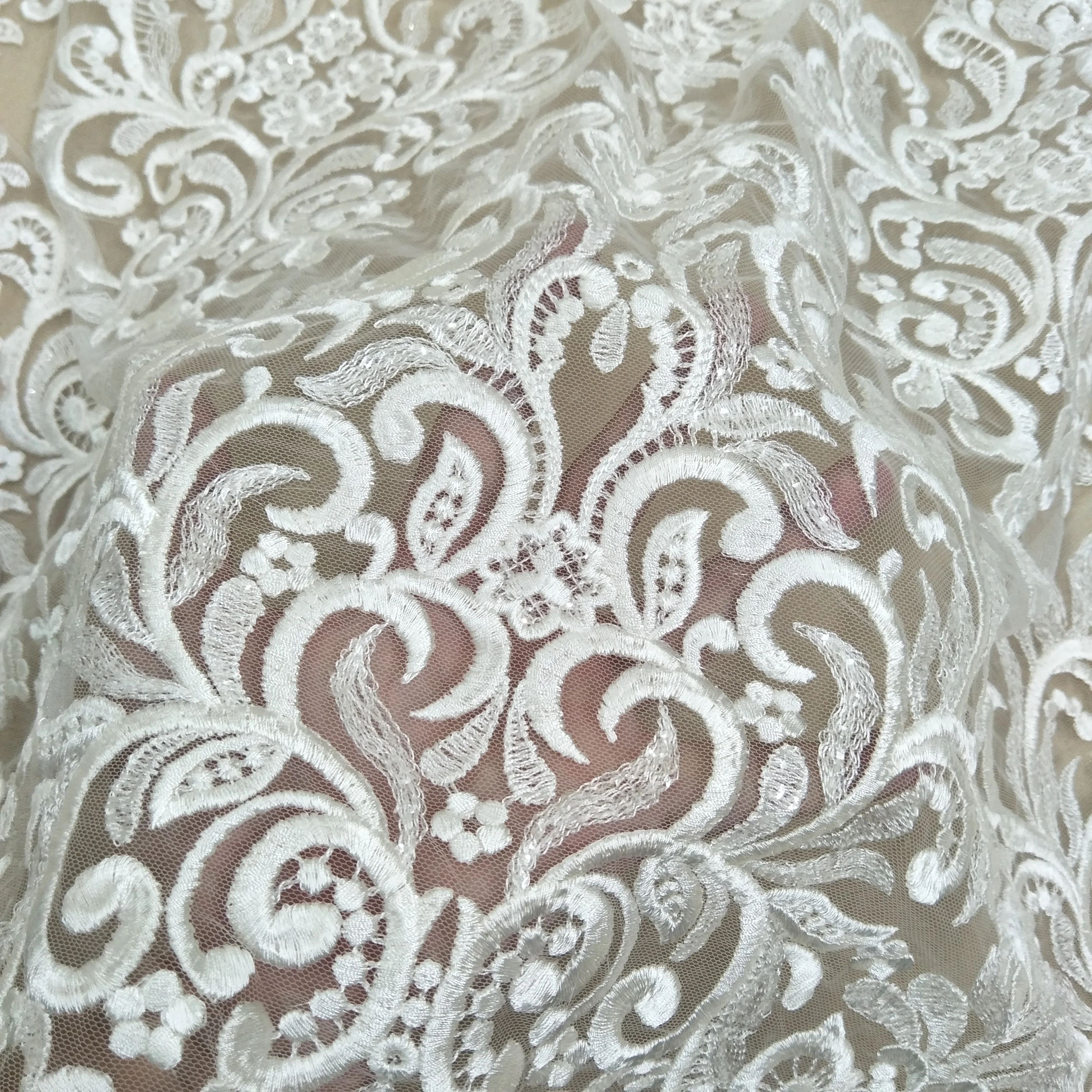 Fashionable gown dress lace fabric worldwide shipping elegant tulle wedding dress lace fabric sell by yard