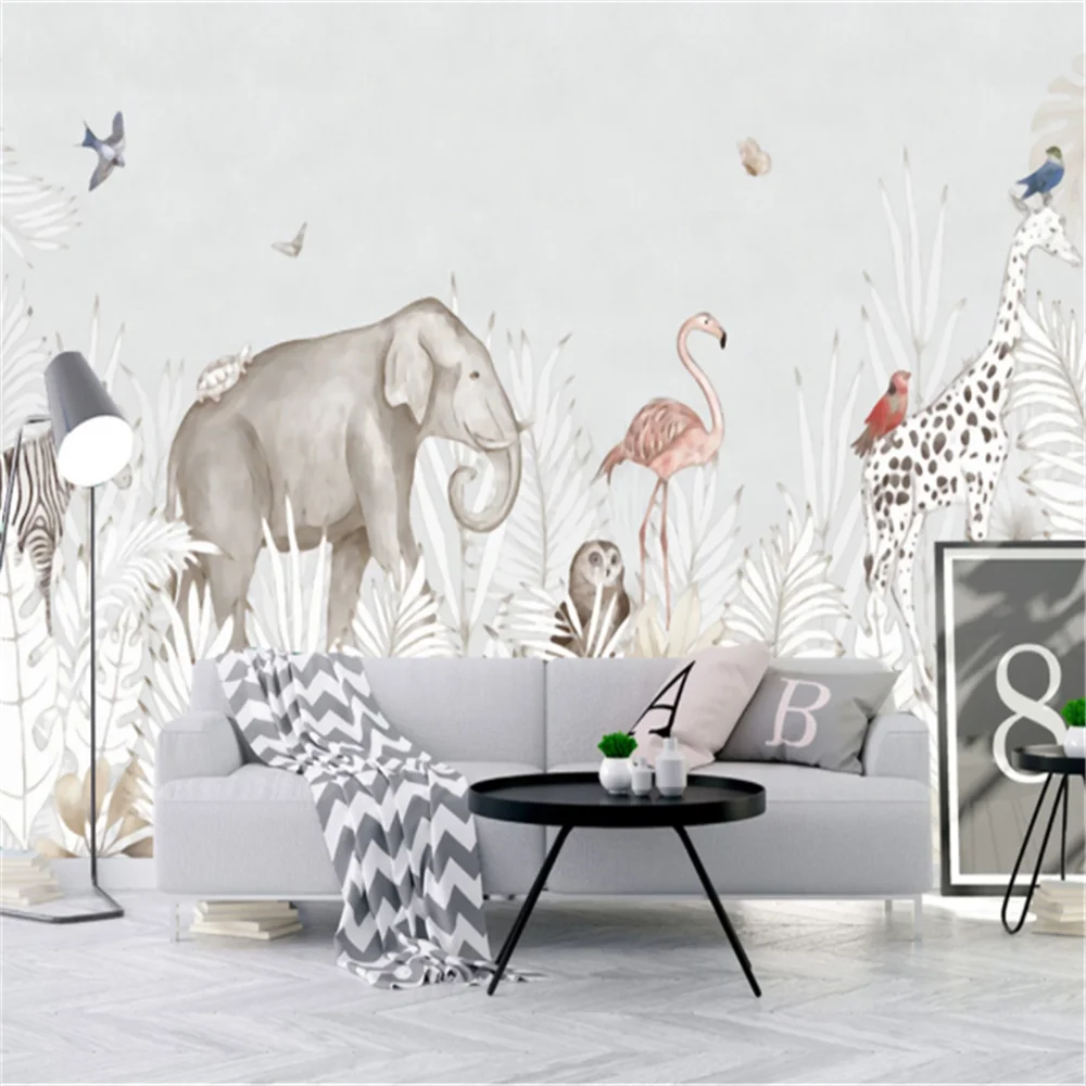 

Custom Mural Wallpaper Minimalism Hand-Painted Small Fresh Elephant Giraffe Background Wall Painting