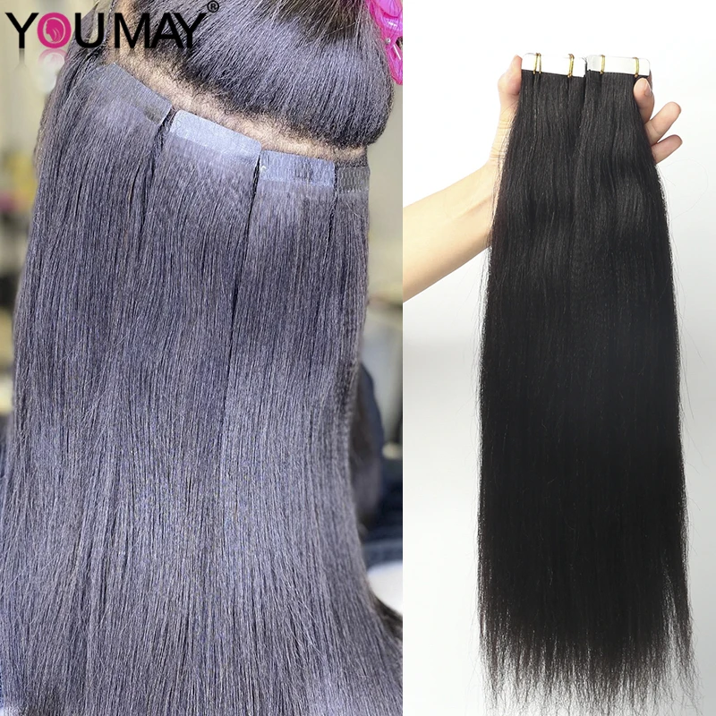 Yaki Straight Hair Bundles Tape In Hair Extensions Human Hair Brazilian Remy Tape Ins Yaki Straight In Bulk Hair For Black Women