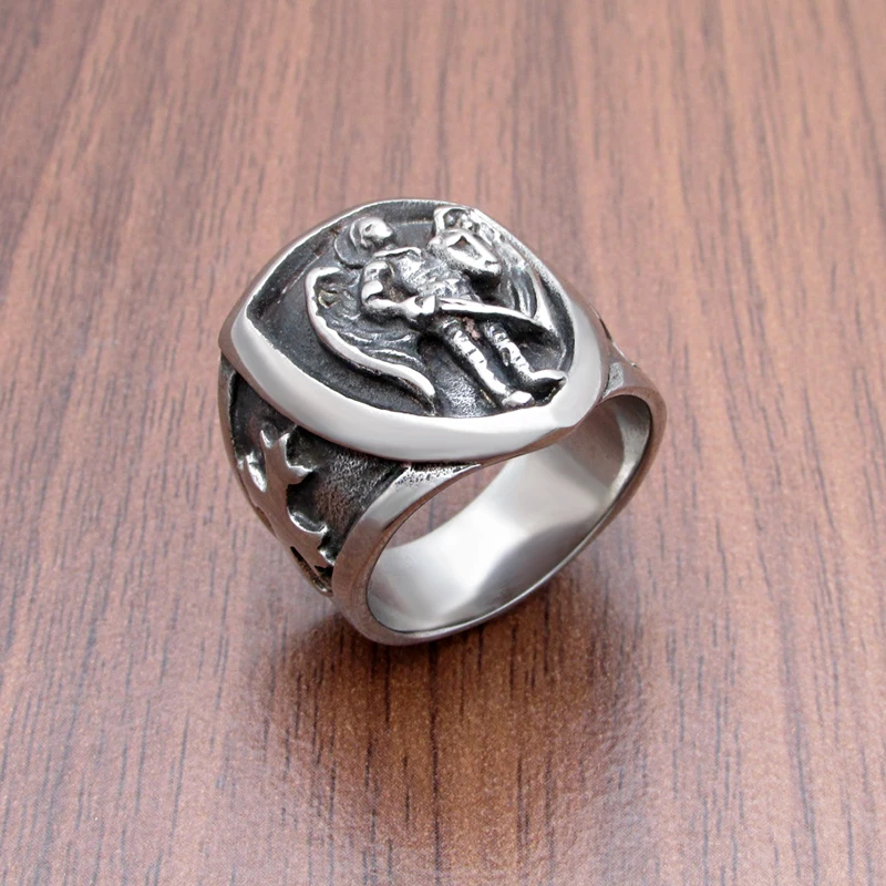 Punk 316L Stainless Steel Archangel St.Michael Protect Saint Shield Protection Cross Ring Religion Jewelry