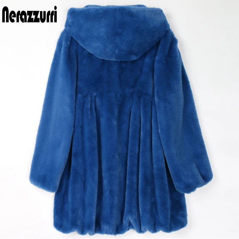 Nerazzurri Spring Pleated Blue Light Soft Faux Fur Coat Women with Hood Skirted Fluffy Furry Jacket Fall Korean Fashion 2022