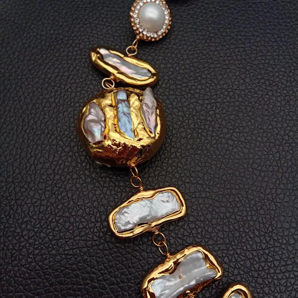 Y·YING natural white freshwater biwa pearl Electroplated Edge wrap  Necklace