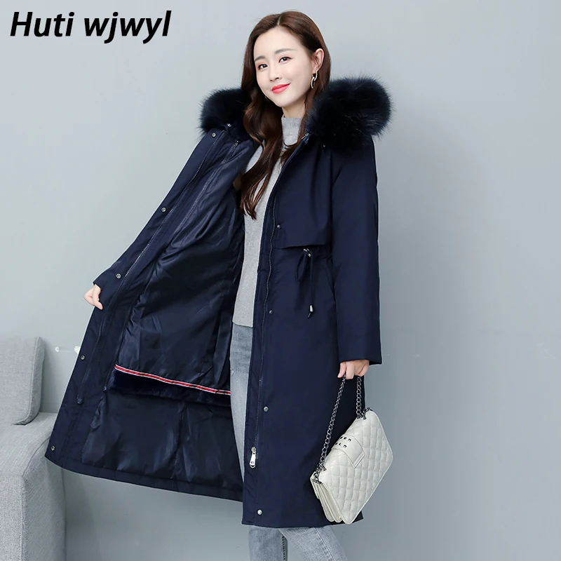 2024 New Cotton Liner Parker Parka Fashion Adjustable Waist Fur Collar Winter Jacket Women Brand Medium Long Hooded Parka Coat