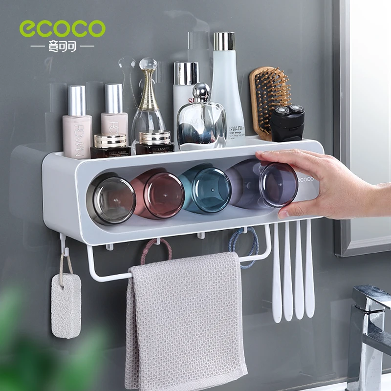 ECOCO Toothbrush Towel Bar Bathroom Wall Mounted Shelf Punch Free Mouthwash Toothbrush Cup Toothpaste Squeezer Storage Holder