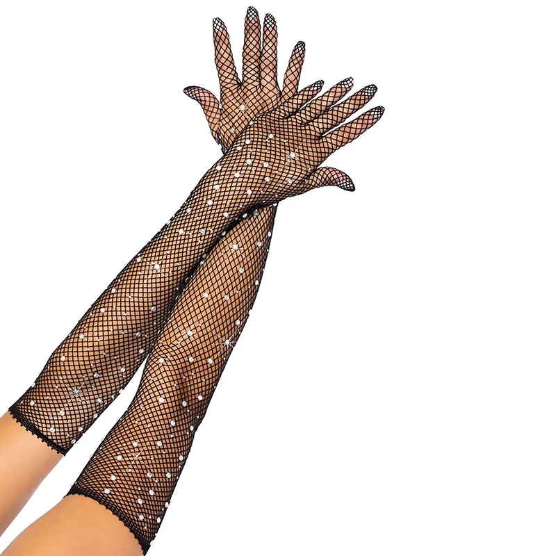 

Sexy Women's With Colored Flash Diamonds Bungee Hollow Elastic Mesh Gloves Summer Fishing Net Punk Hiphop Sunscreen Mittens R51