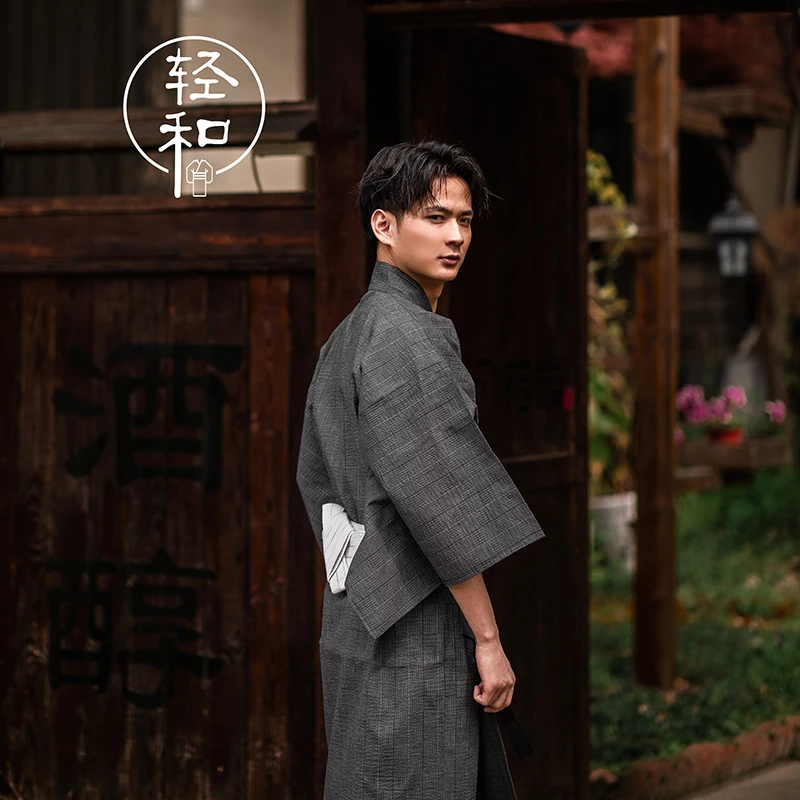 Traditional Japanese KIMONO Fashion YUKATA Summer Men Long Robes With Belt 95% Cotton Pajamas Set Male Sleepwear Bathrobe