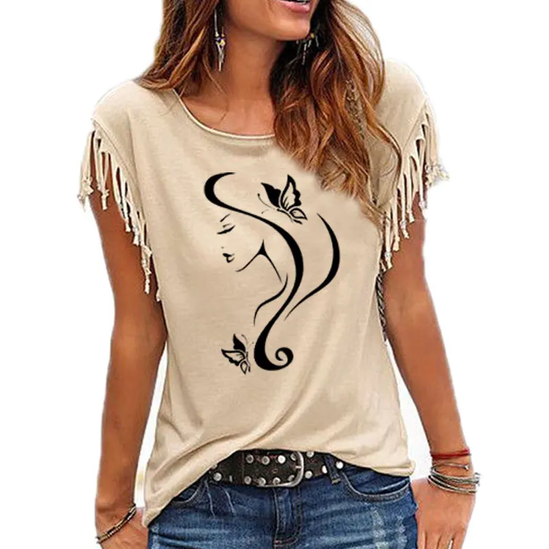 Beauty Salon Girl Face with Butterfly printed Tees women O Neck T Shirt Tassel Short Sleeve women tshirt tops