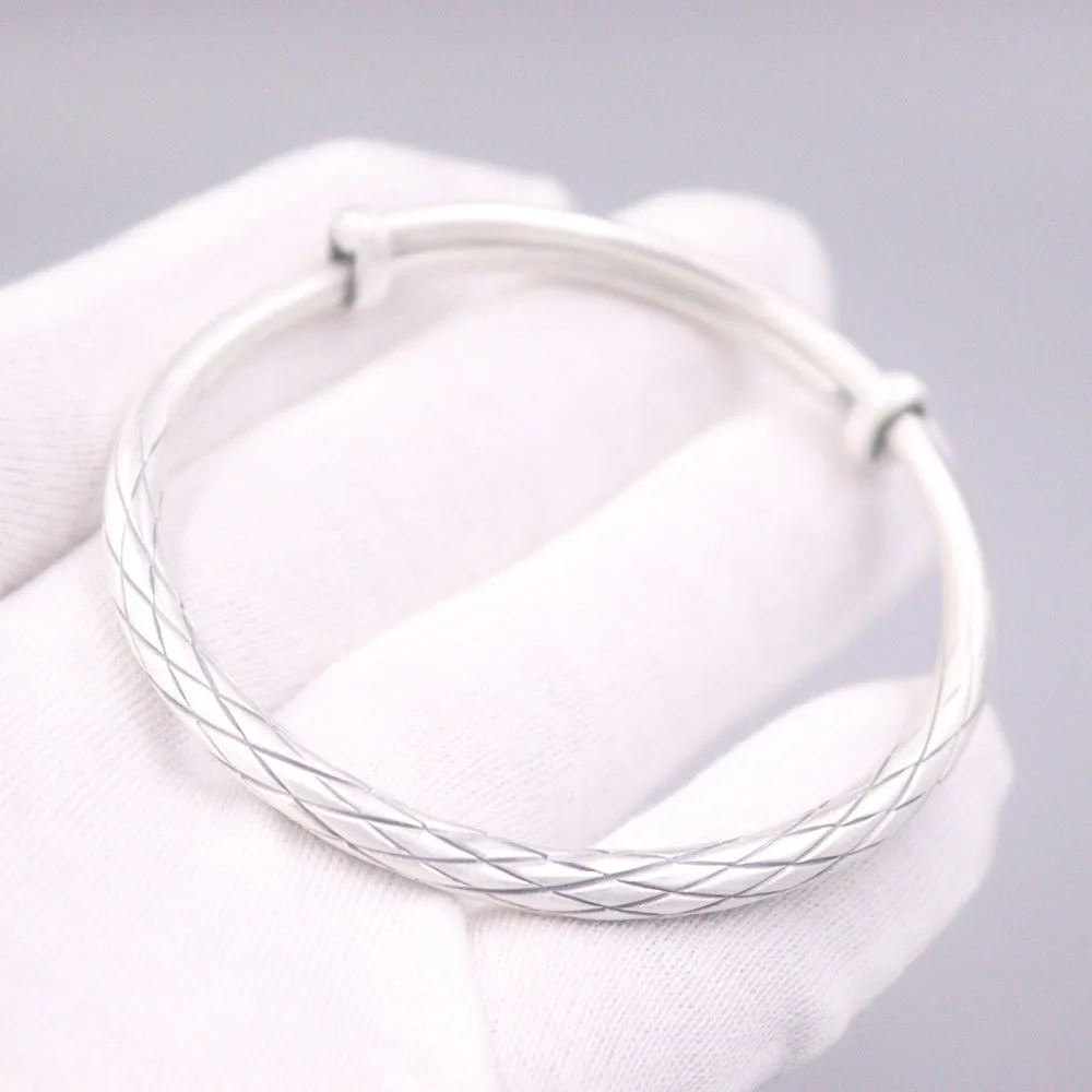 Fine Pure S999 Sterling Silver Bangle Women 4.5mm Figure Link Bracelet 54-58mm 24-28g