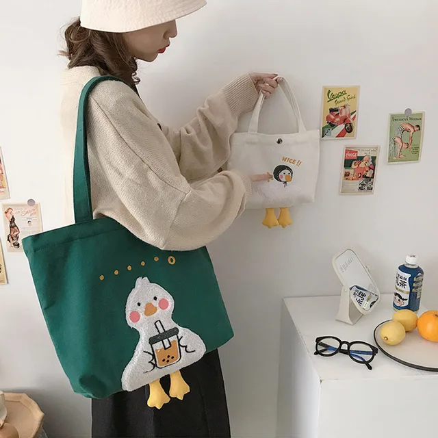 Cute Duck Embroidery Tote Bag