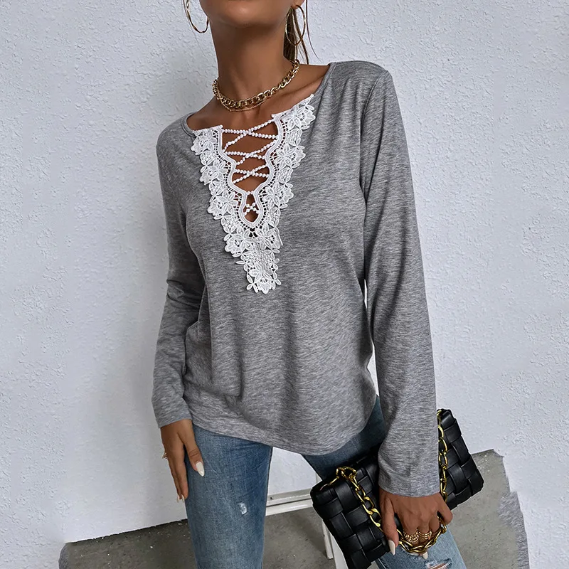 

2021 Autumn T-Thirt For Women Long Sleeves Pullover Tops Fashion Spring Casual Lady GreyTees Lace V Neck Tops