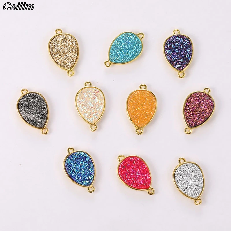 Pendentif goutte d'eau colorée, 10 pièces, 23mm x 14mm, en résine de cristal, connecteur Druzy, breloques pour la fabrication de bracelets faits à la main