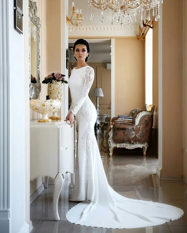 Robe de mariée sirène en Satin, Simple, manches longues, avec traîne, faite à la main, 2020