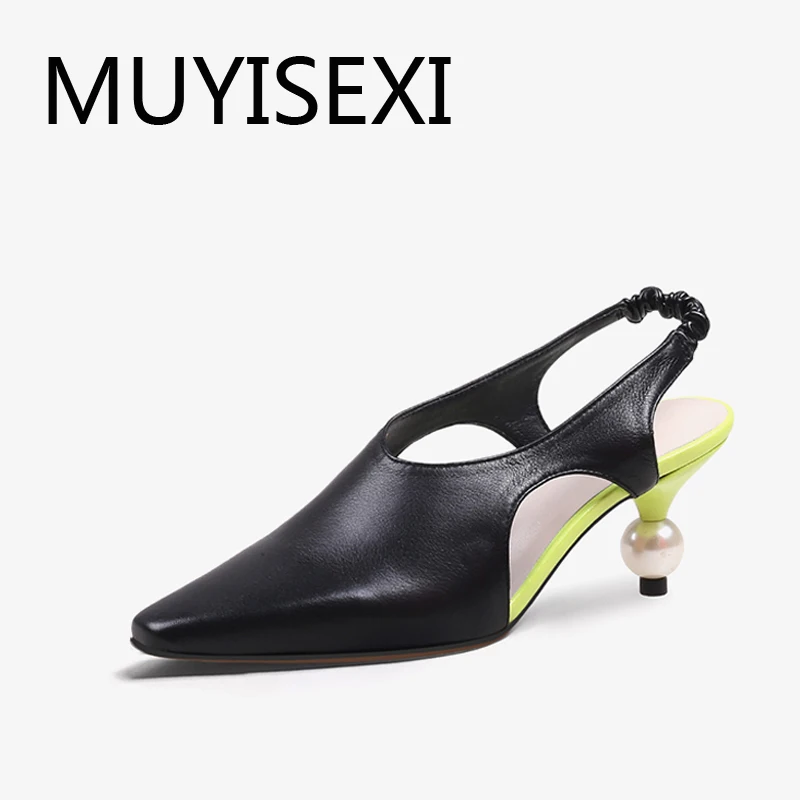 

Pumps slingbacks women 7cm pearl high heels genuine leather pointed toe shallow slip on office ladies mixed color HL246 MUYISEXI