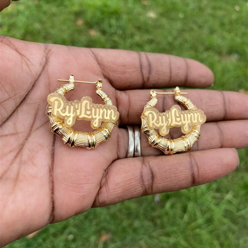 Acrylic Bamboo Hoop Earrings Hiphop Customizable Customize Name Earrings Bamboo Style Custom Earrings For Christmas Gifts