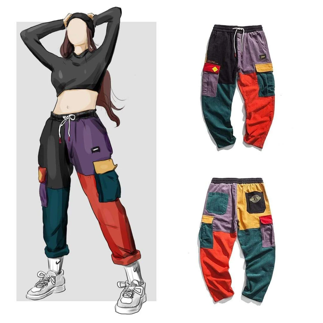 ATSUNSET  Color Stitching Cargo Pants Pocket Casual Streetwear Harajuku Sweatpants Male Hip Hop Trousers