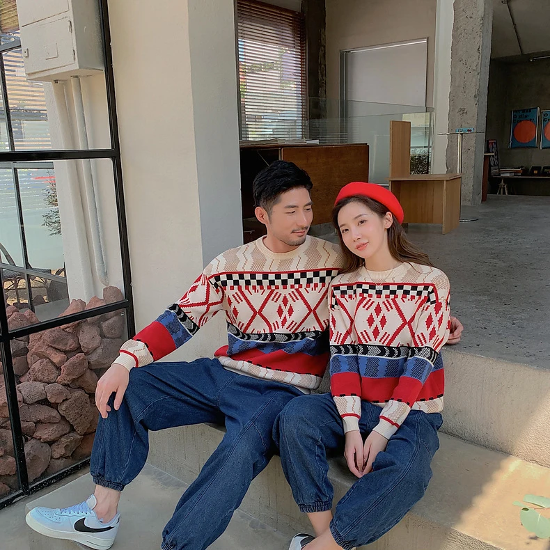 Vintage Asian Style Christmas Ugly Sweater Parent-Child Outfit Warm Geometric Print Knitted Pullovers Casual Top for Family New