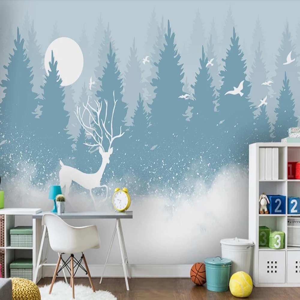 

Milofi custom large wallpaper mural simple hand-painted forest elk mood bird house children's room wall decoration painting