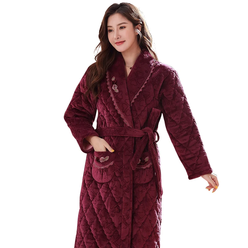 المرجان الصوف الإناث bathrobe سميكة 3 طبقات مبطن الفانيلا bathrobe الشتاء الخريف رشاقته تيري النساء رداء طويل كيمونو الصينية