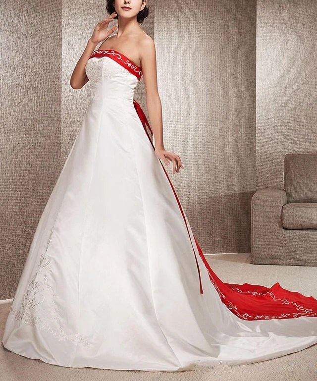 Elegant เย็บปักถักร้อย A-Line Strapless Gaun Pengantin Satin Lace-Up Back Court รถไฟผสมสี Plus ขนาดเจ้าสาวอย่างเป็นทางการชุดเจ้าสาว