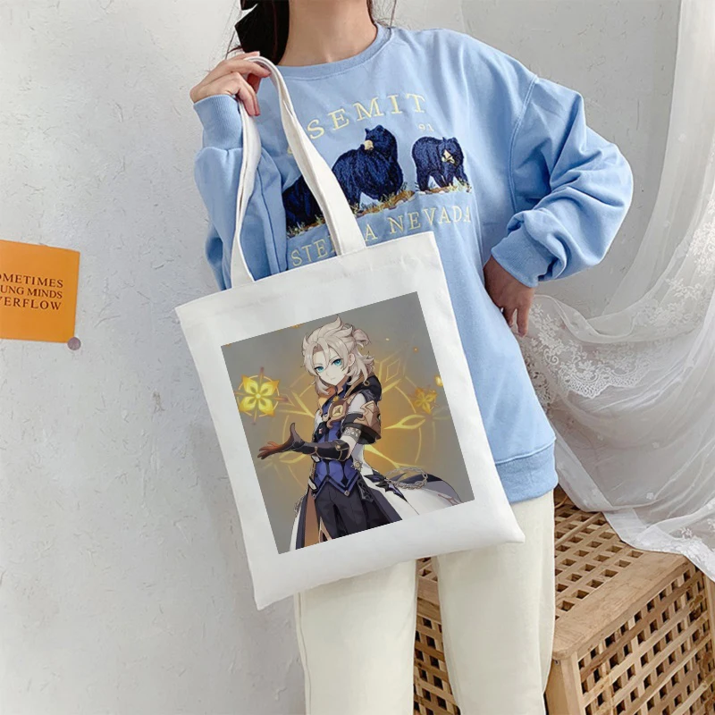 Women Genshin Impact Anime Black Cotton Canvas Shopper Bag Girl Harajuku 90s Y2K Classic Vintage Shoulder Handbag Female Bolsa