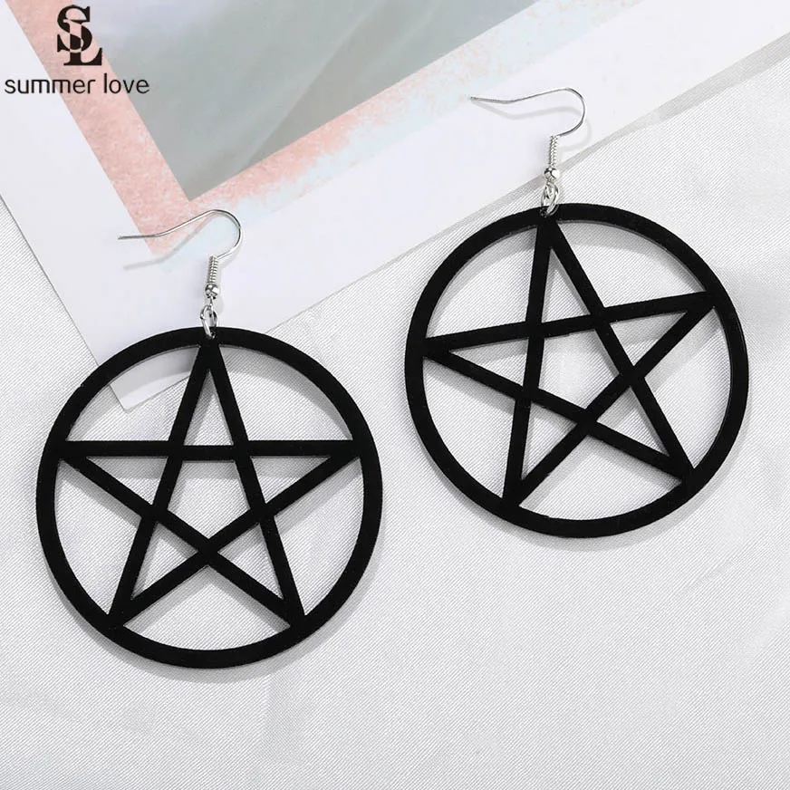 Punk Acrylic Large Star Earrings for Women Gothic Black Big Pentagram Round Drop Earring Fashion Statement Jewelry