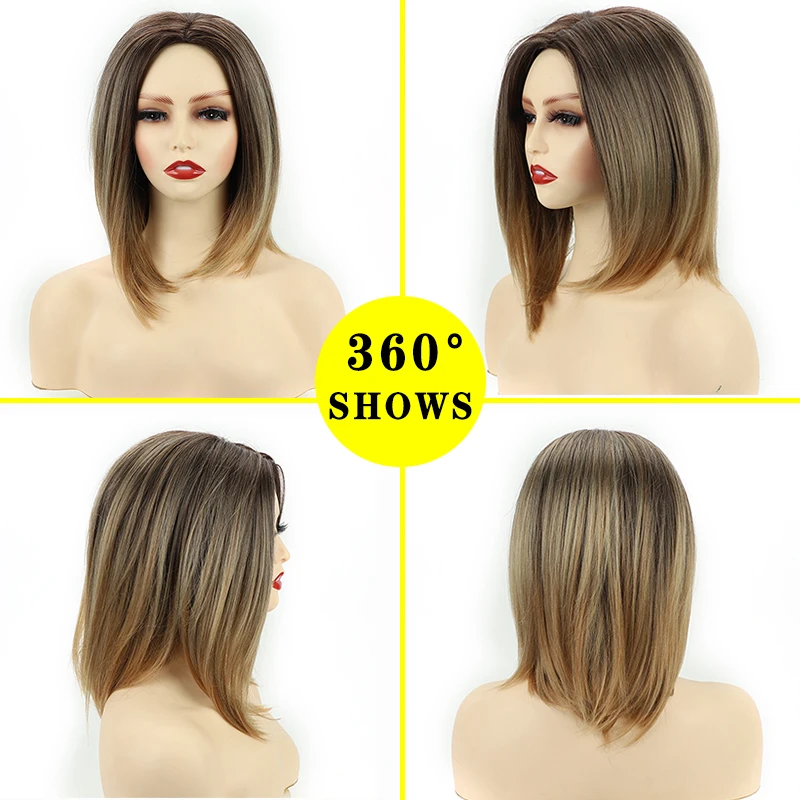 Synthetic Short Bob Straight Wig Honey Brown Middle Part Wigs for Women Heat Resistant Hair Ombre Blonde New Fashionable Hairs