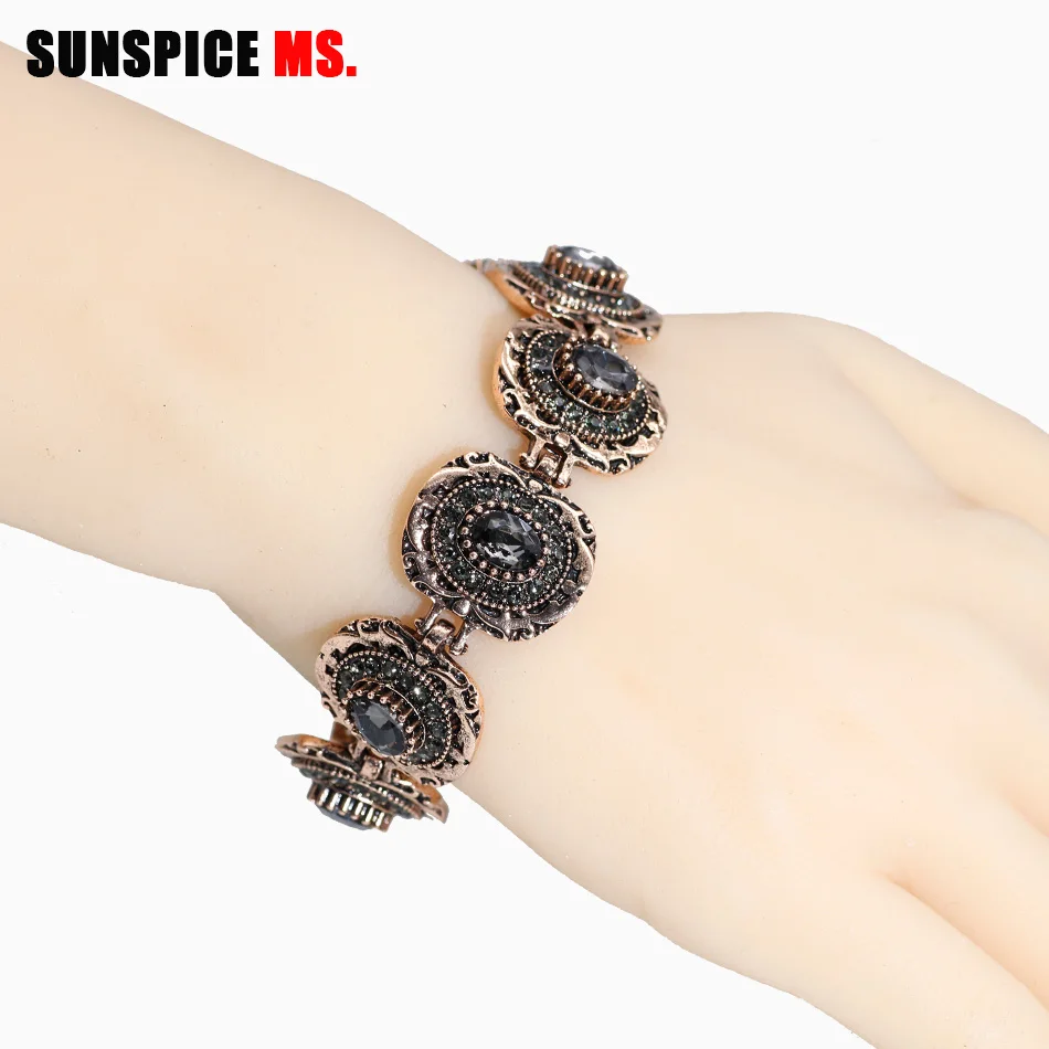 Sunspicems Vintage Crystal Link Bracelet for Women Antique Gold Color Round Resin Bohemia Ethnic Wedding Jewelry Friend Gift