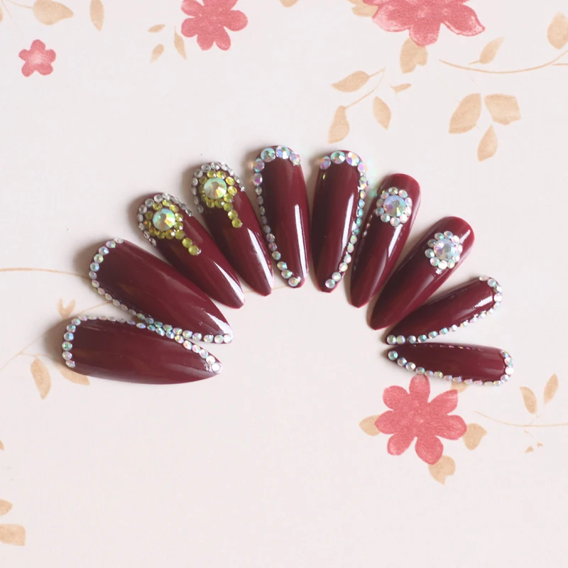 Super long pointed oval false nails slim art salon nail crystal diamond full diamond nails vampire color