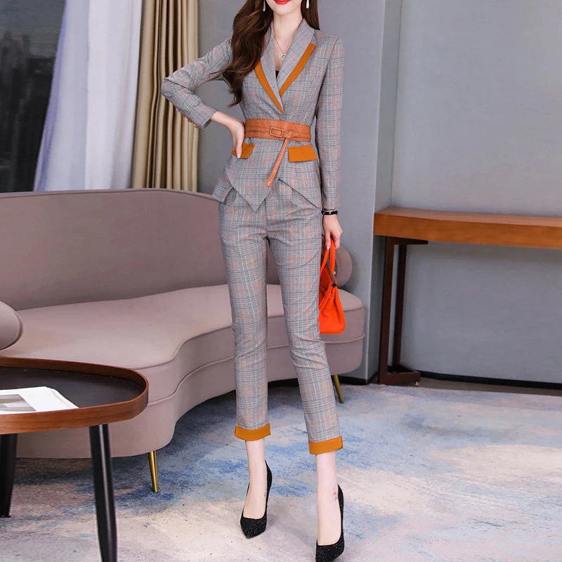 Women\'s Casual Plaid Blazer and Pencil Pants Suit, Elegant Ladies Jackets, Business Suits, Spring Outfit, 2 Pcs Set