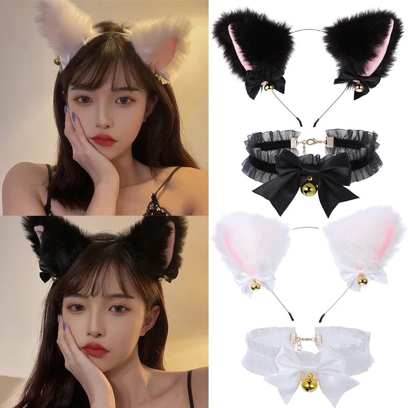 

1Set Cat Ear Headband with Bells Necklace Plush Furry Cat Ears Headwear Fancy Dress Hairband Women Girls Party Cosplay Headwear