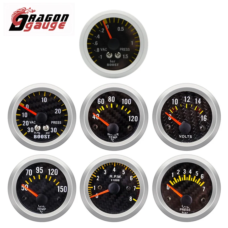 「DRAGON」 52MM Tachometer RPM  Water Temp Oil Temp Oil Press Voltmeter Boost Gauge psi/bar Vacuum Gauge for 12V Car Factory sales