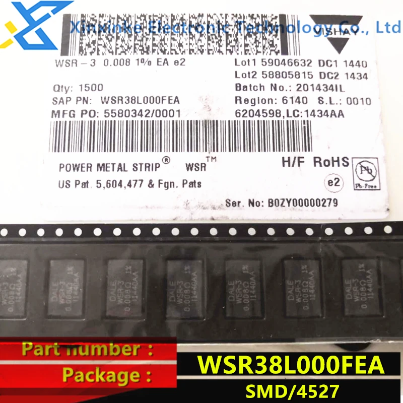 WSR38L000FEA DALE WSR-3 0.008R 1% 3W 4527 0.008Ω Current sensing resistor - SMD 3watts 0.008ohms Precision power resistor