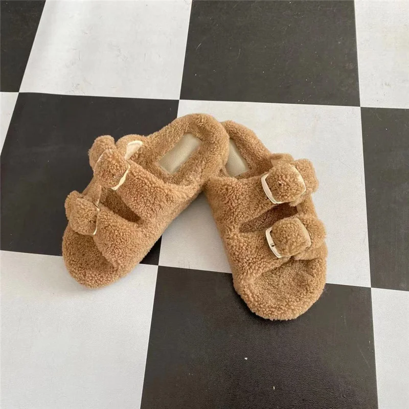 European And American Fashion Indoor Ladies Fur Slippers Real Wool  Slippers Ladies Furry Slippers Girls Flat Slippers Outside