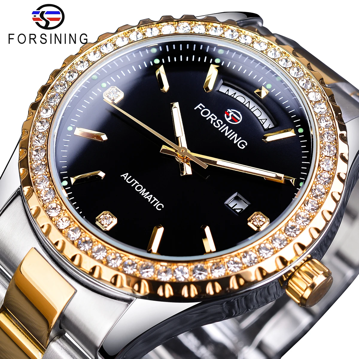 Forsining Diamond Luxury Men Stainless Steel Hidden Clasp Automatic Mechanical Gold Watch Multifunctional Auto Date Week Dial