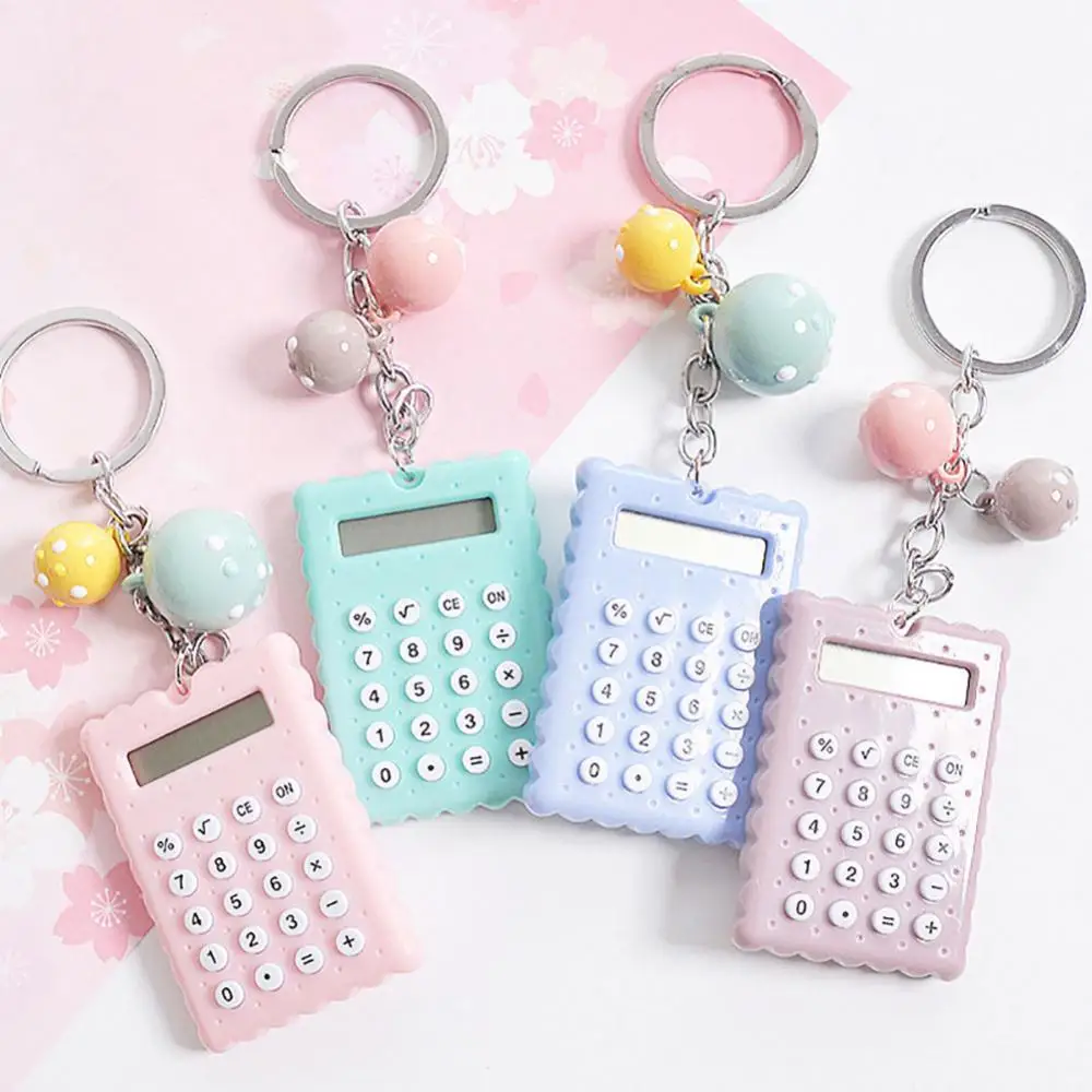Mini llavero con forma de galleta encantadora creativa, calculadora de plástico portátil, botón de herramienta para estudiantes, batería, suministros de estudio de negocios, 1pc