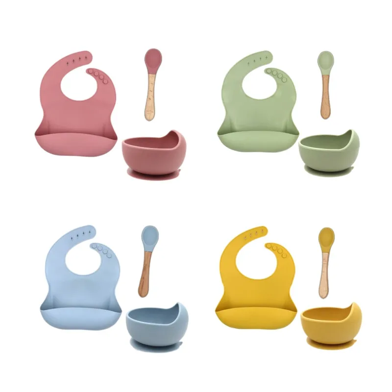 Baby Feeding Tableware Set Baby Silicone Bowl Bibs Set Non-slip Children\'s Suction Plate Spoon Bibs Dishes Dinnerware