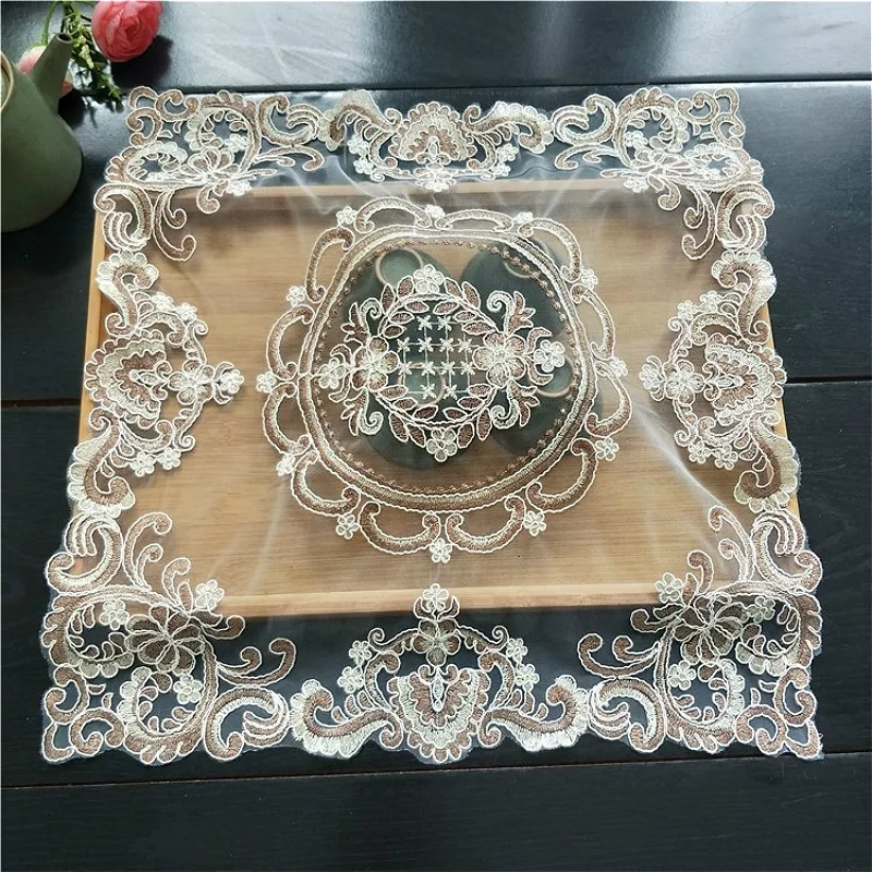 European Luxury Square Lace Embroidered Water Soluble Edged Placemat Coaster Balcony Coffee Table Mat Christmas Wedding Decor