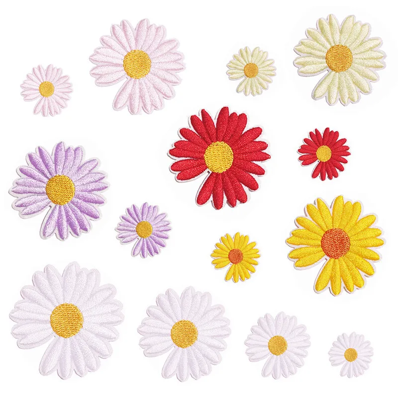 White pink purple Sunflower Daisy Flower Embroidered Iron On Patches for Clothes Dress Jacket Jeans Stickers DIY Patches