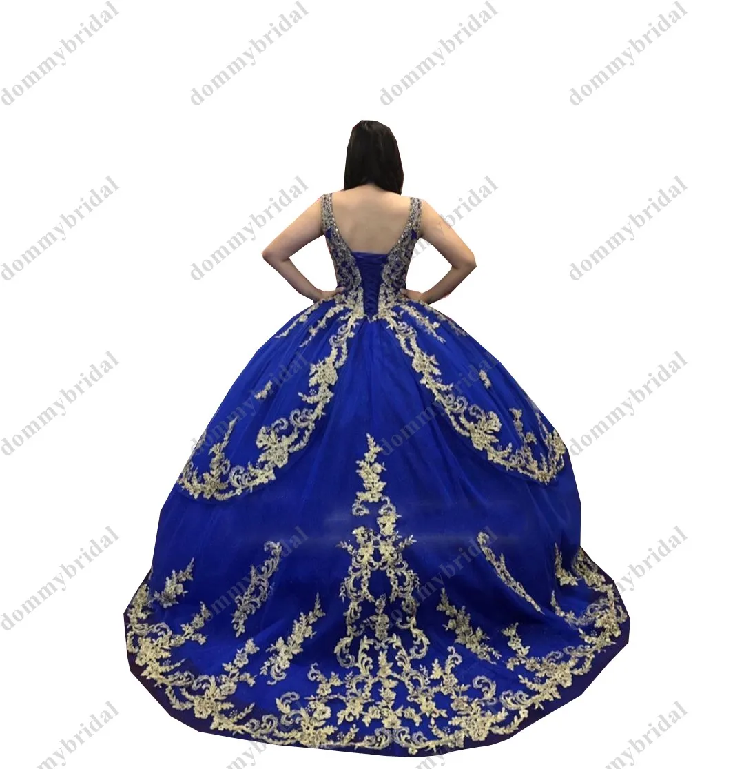 2022 erstaunliche v-ausschnitt Royal Blau und Gold Stickerei Quinceanera Cocktail Abendkleider Sheer Straps Korsett Vestido De 15 Günstige