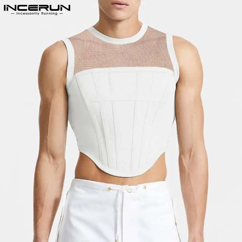 2023 Men Tank Tops Mesh Patchwork Round Neck Streetwear Sleeveless See Through Vests Sexy Party Nightclub Men Crop Tops INCERUN