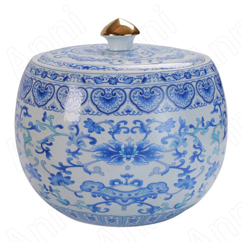 Oversized Stoneware Tea Organizer Chinese Vintage Painted Blue and White Porcelain Tea Cake Storage Tank Coffee Table Decoration