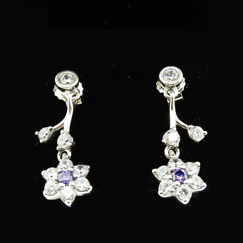 Forget Me Not Flower Drop Earrings Paved Zircon 925 Sterling Silver Earrings for Women Jewelry Purple & Clear CZ Dangle Earrings