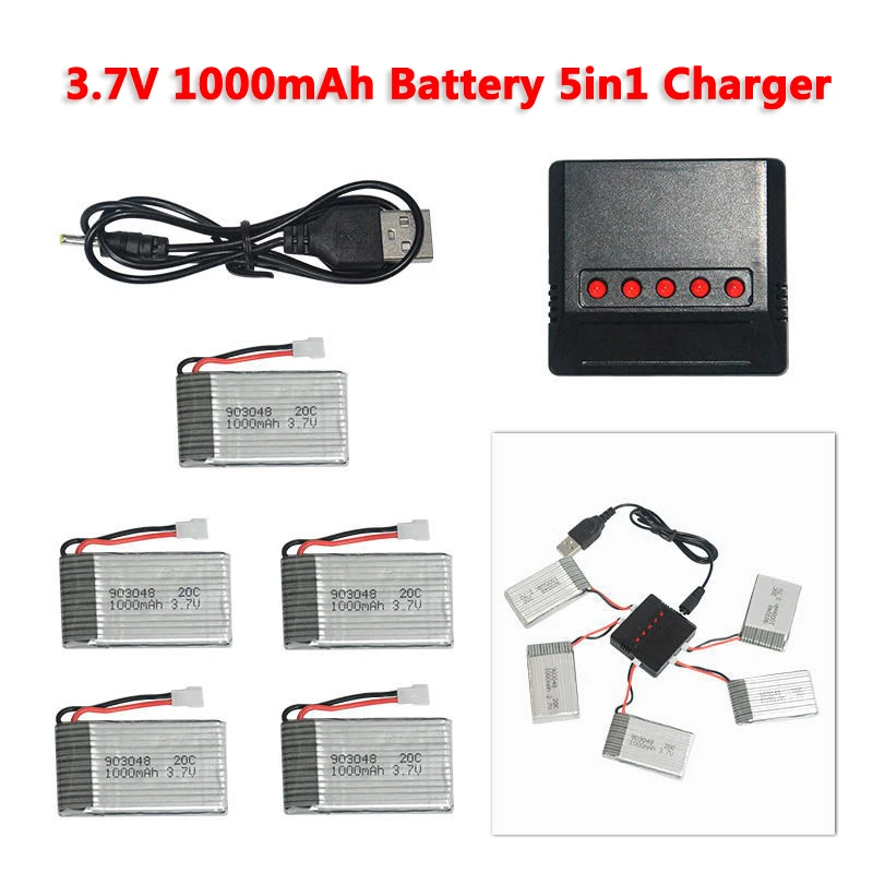 

5PCS 3.7V 1000mAh Battery 1PCS 5in1 Battery Charger Box USB Charger Spare Part Set for MJX T04 T05 T25 F28 Helicopter HQ 859