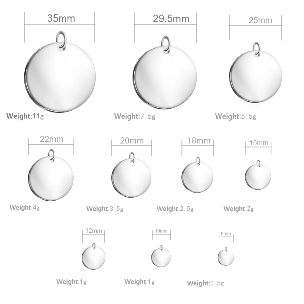 MYLONGINGCHARM 50pcs Mirror Polished Blank Charm, Round Tag in different Sizes Stainless steel Blank Bracelet Charm Keychain Tag