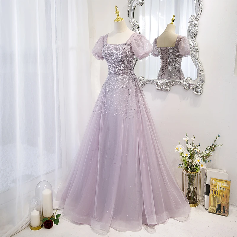 Customized  Romantic Light Purple Evening Dress for Women Square Collar Puff Sleeve A-line Sequins Beading Formal Party Gowns