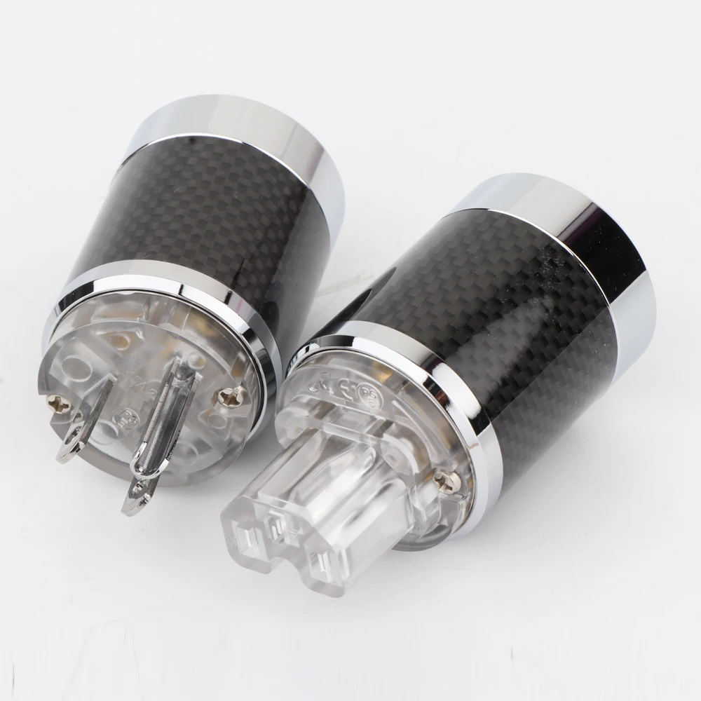 High Quality Pair of Transparent Carbon Fiber Rhodium Plated DIY AC Power Male and Female Connectors IEC US Plugs